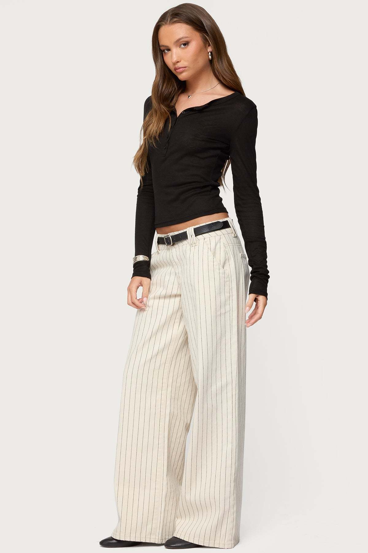Cory Striped Low Rise Baggy Jeans - CREAM