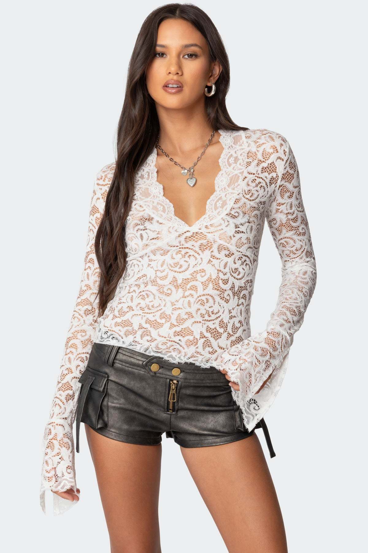 Sheer Lace Bell Sleeve Top - WHITE