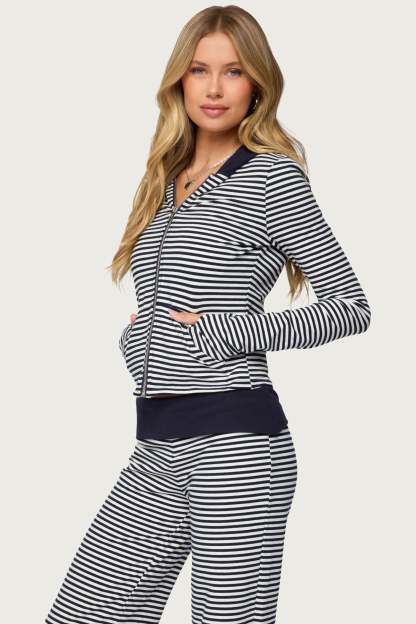 Meggy Striped Zip Up Hoodie - NAVY-AND-WHITE