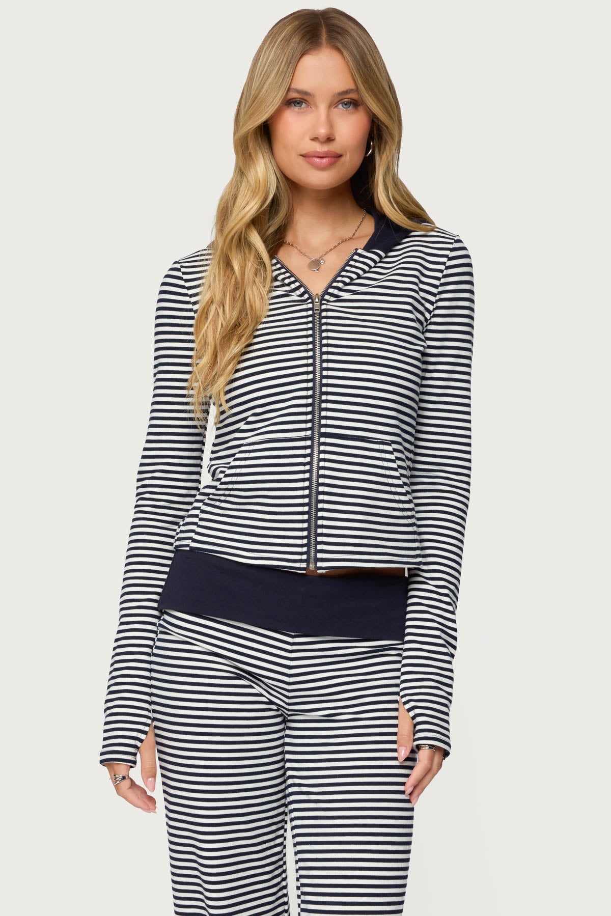 Meggy Striped Zip Up Hoodie - NAVY-AND-WHITE