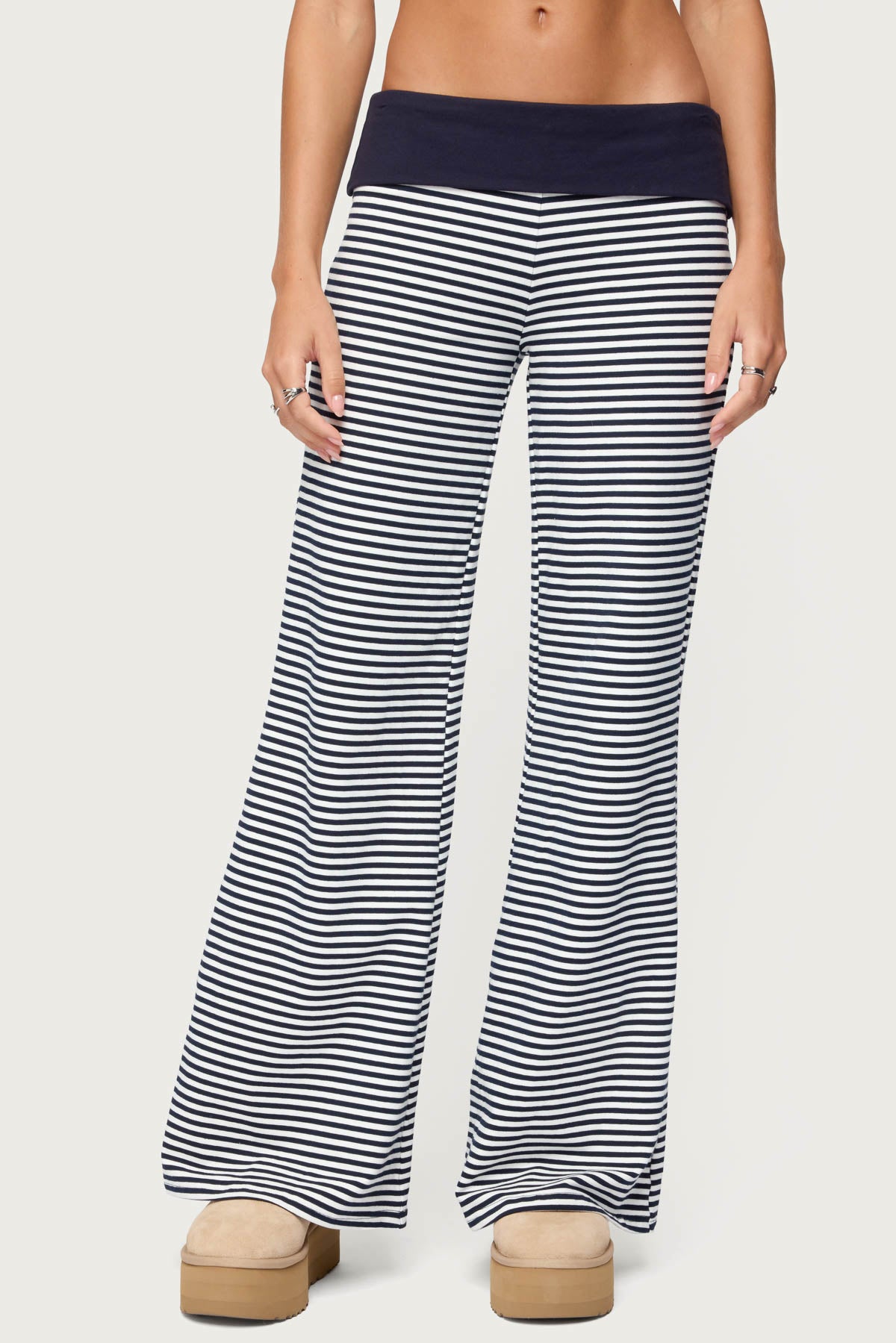 Meggy Striped Foldover Pants - NAVY-AND-WHITE