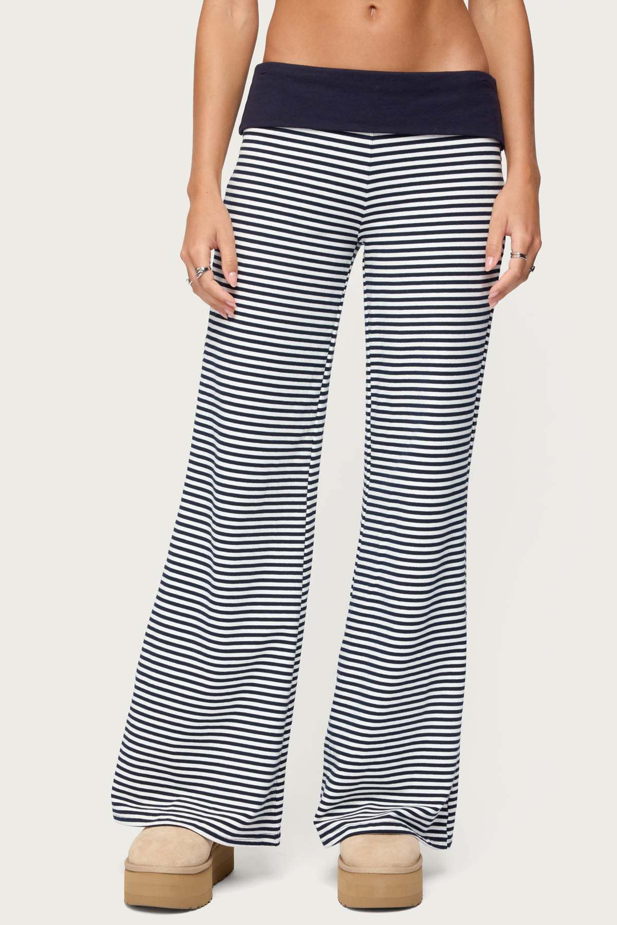 Meggy Striped Foldover Pants - NAVY-AND-WHITE