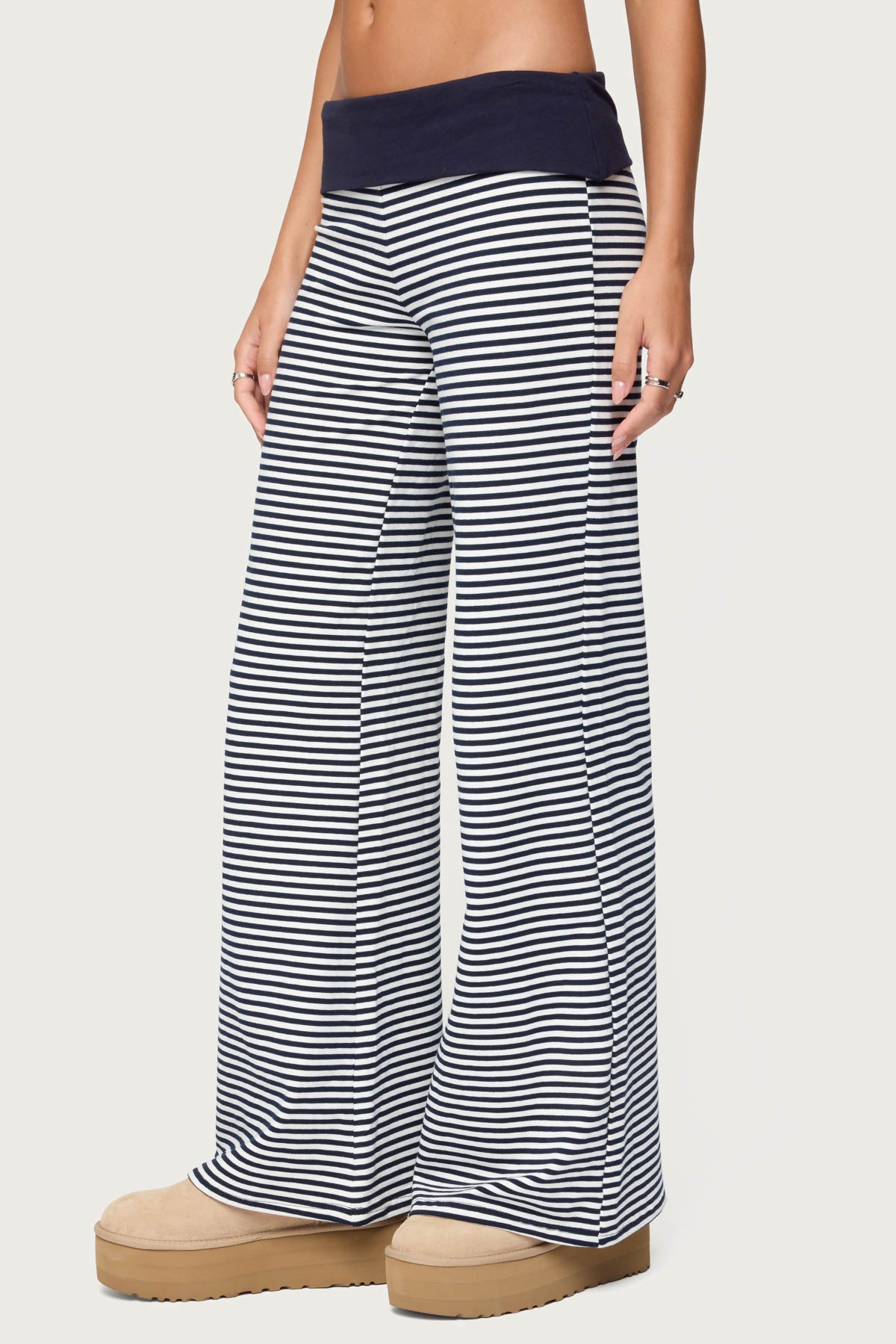 Meggy Striped Foldover Pants - NAVY-AND-WHITE