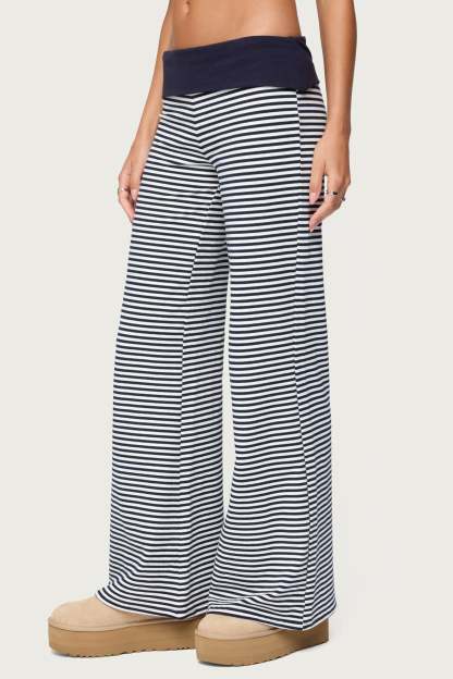 Meggy Striped Foldover Pants - NAVY-AND-WHITE