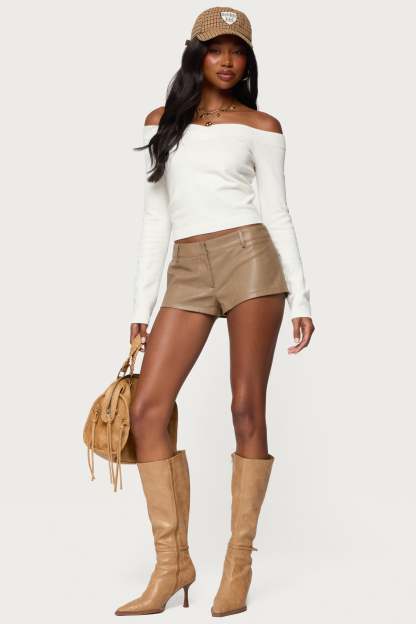 Melaney Faux Leather Micro Shorts - BROWN