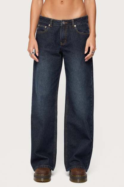 Raelynn Washed Low Rise Baggy Jeans - DARK-BLUE-WASHED