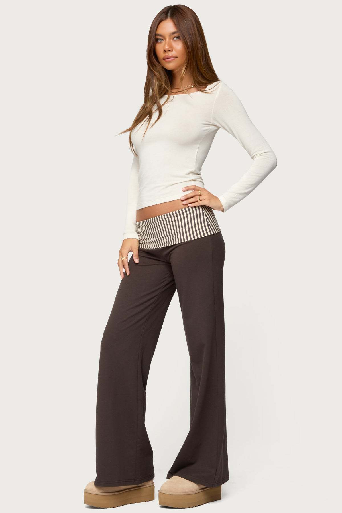 Meshey Striped Foldover Pants - DARK-GRAY