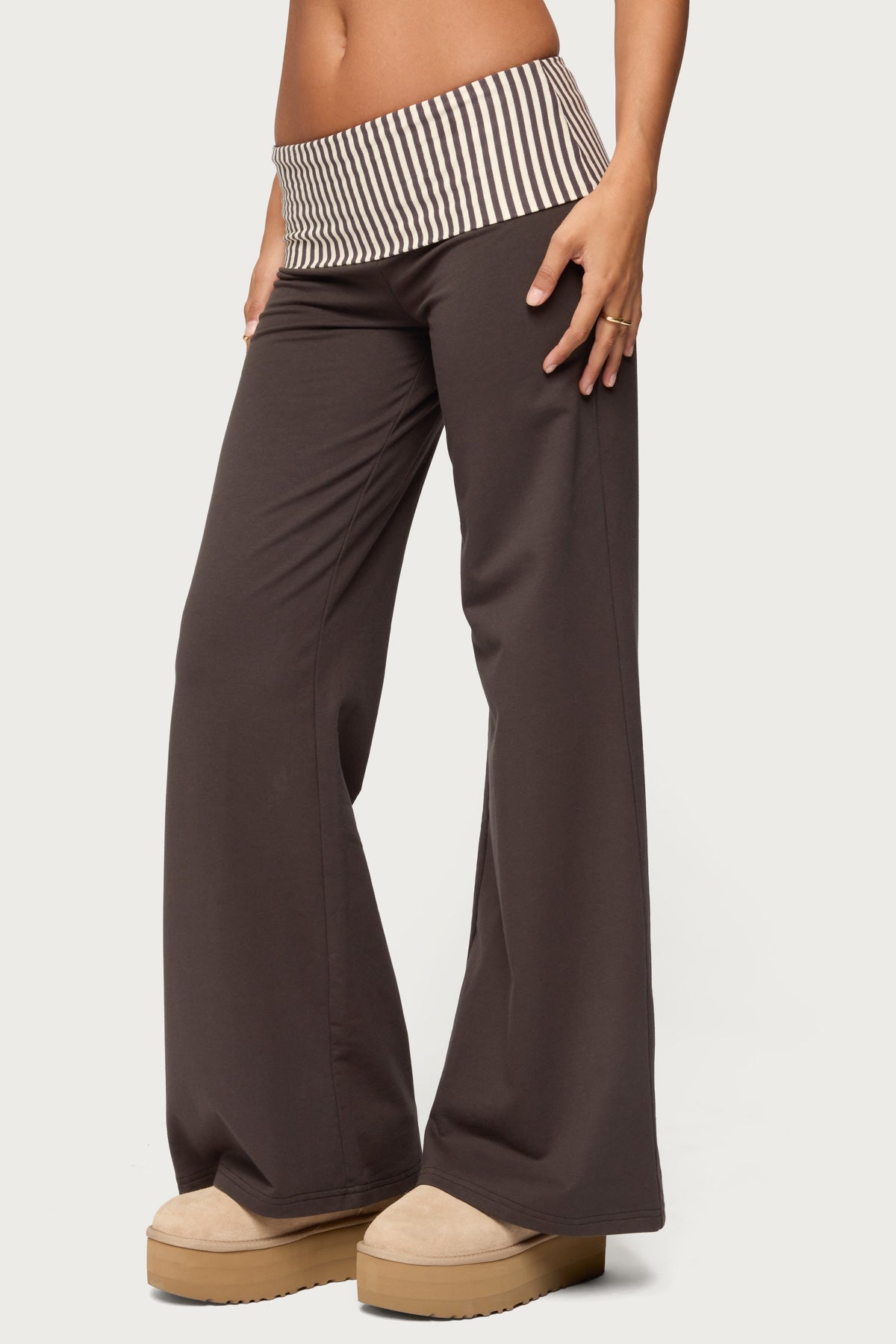 Meshey Striped Foldover Pants - DARK-GRAY