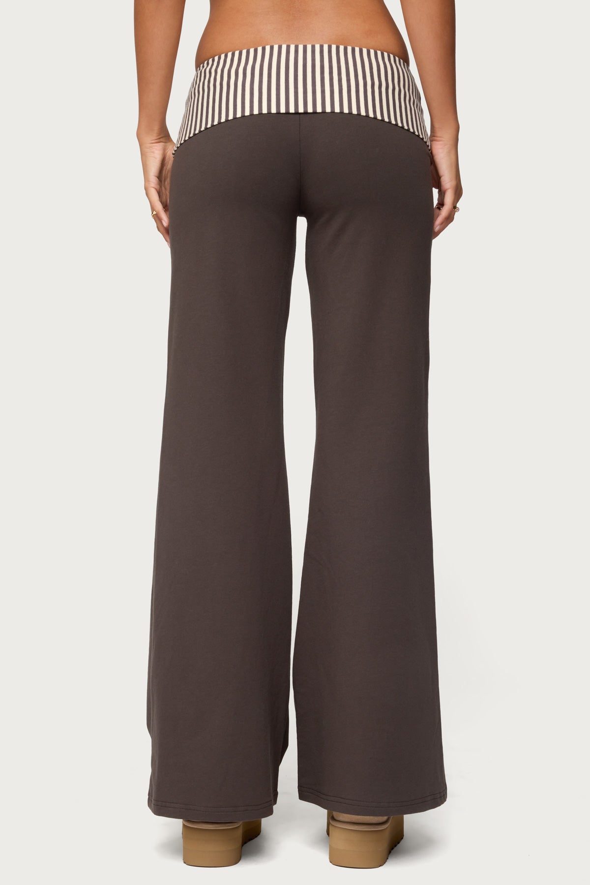 Meshey Striped Foldover Pants - DARK-GRAY