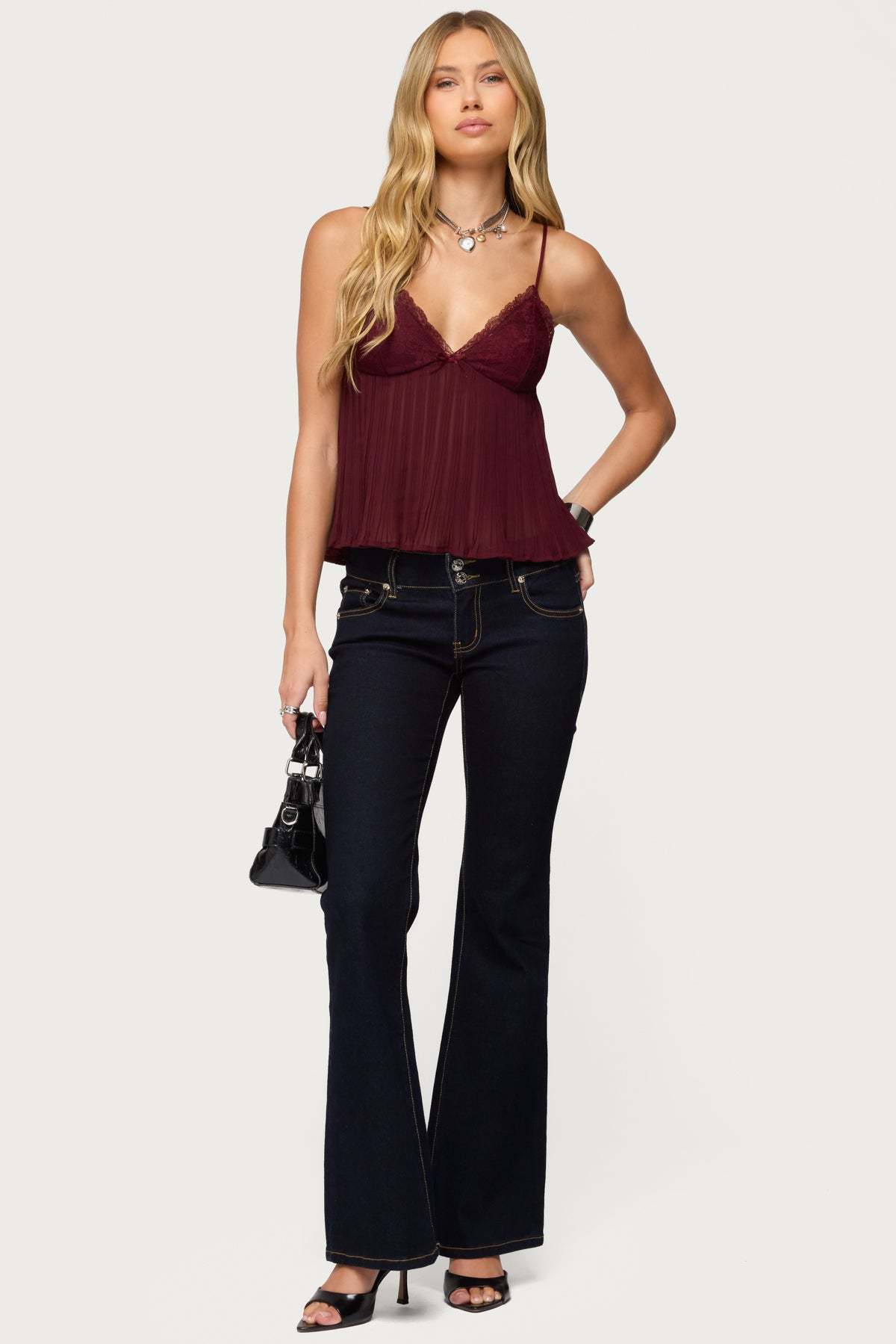 Rhian Lacey Pleated Babydoll Top - BURGUNDY