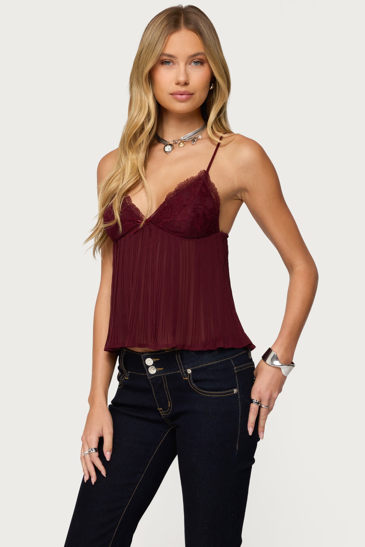 Rhian Lacey Pleated Babydoll Top - BURGUNDY