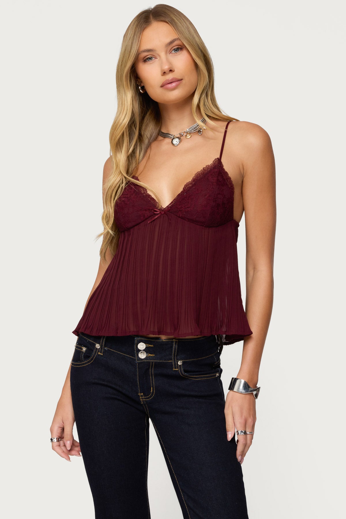 Rhian Lacey Pleated Babydoll Top - BURGUNDY