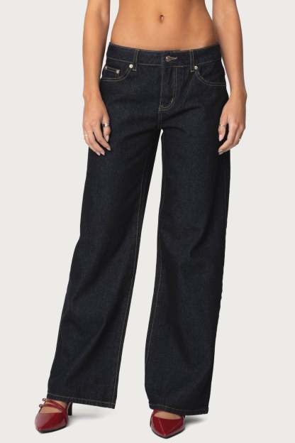Raelynn Washed Low Rise Baggy Jeans - INDIGO BLUE RAW WASHED