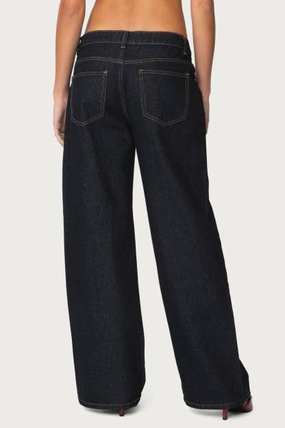 Raelynn Washed Low Rise Baggy Jeans - INDIGO BLUE RAW WASHED