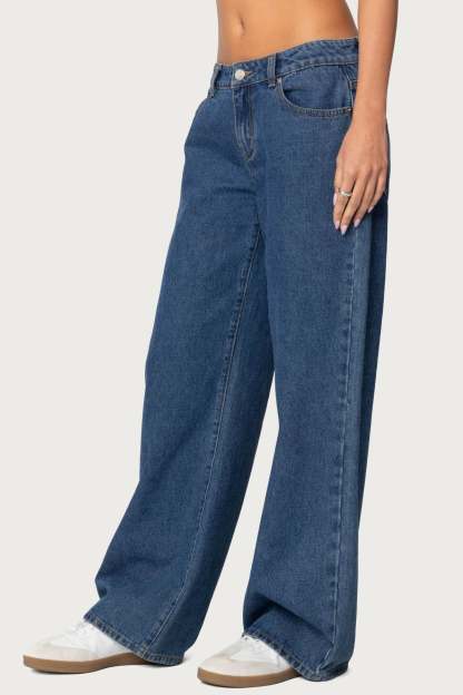 Raelynn Washed Low Rise Baggy Jeans - BLUE WASHED