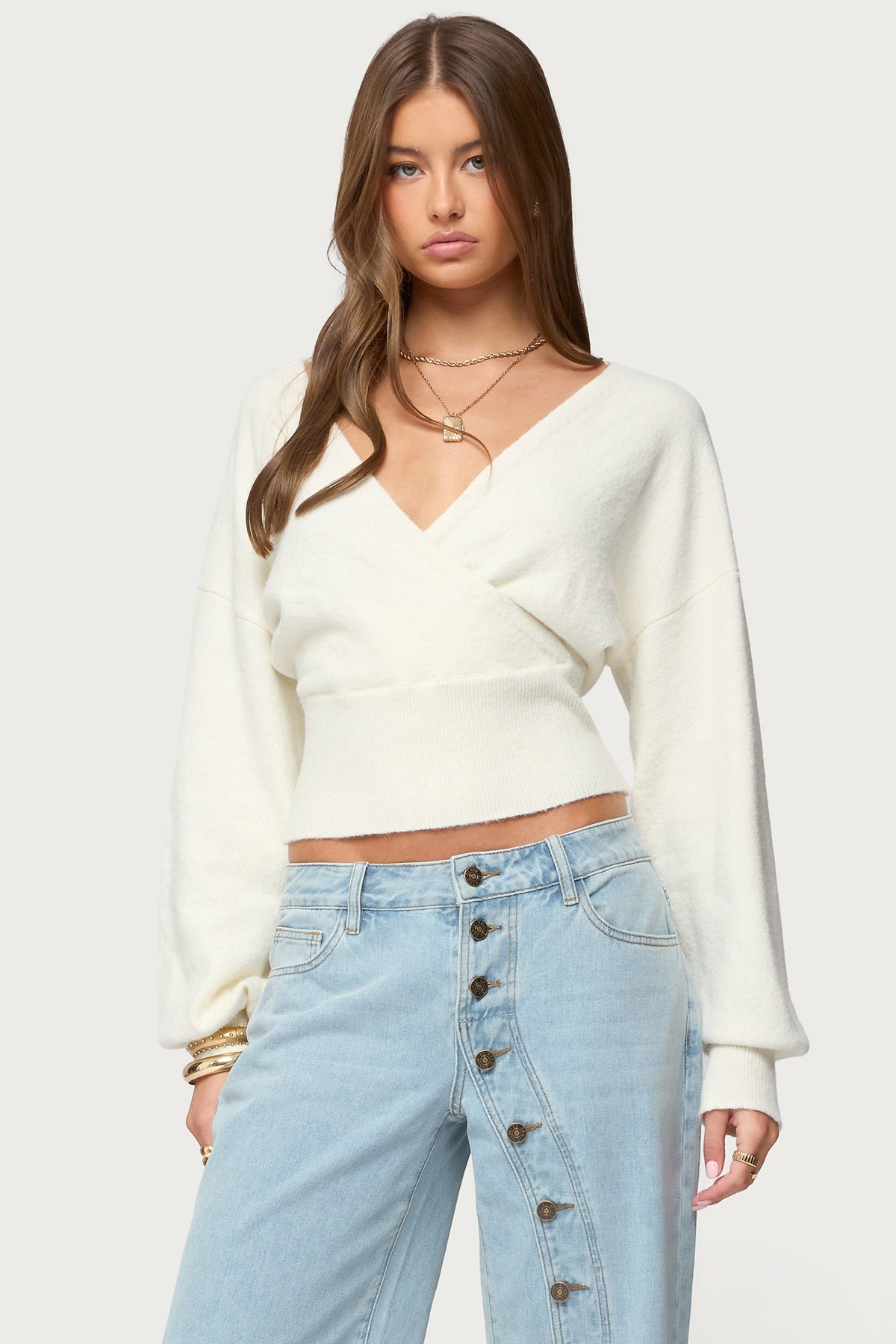 Lillia V Neck Wrap Sweater - WHITE