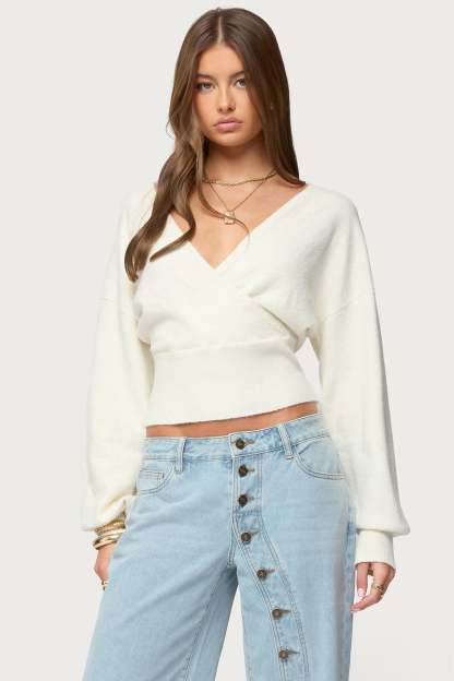 Lillia V Neck Wrap Sweater - WHITE