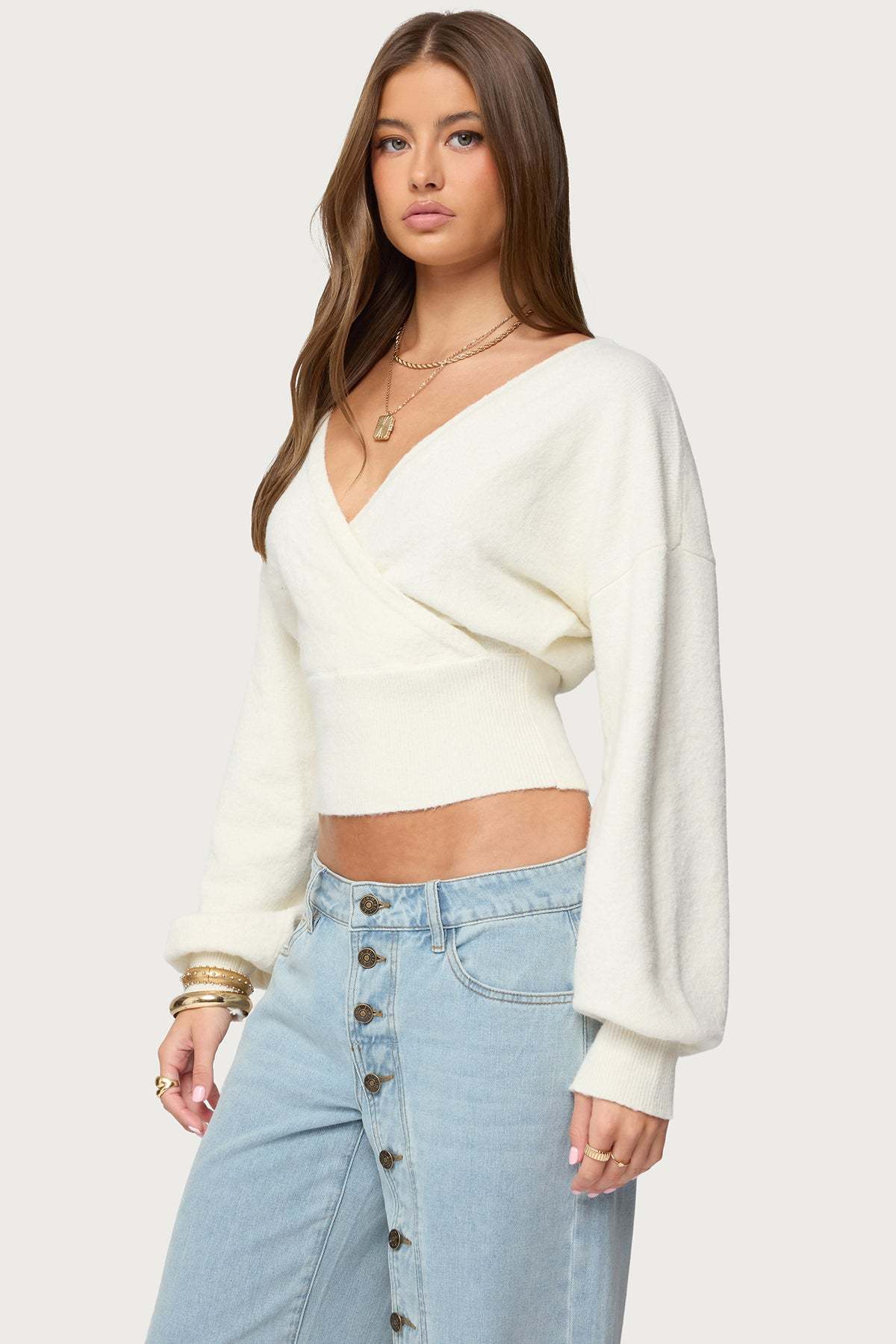 Lillia V Neck Wrap Sweater - WHITE