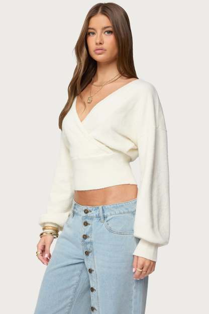 Lillia V Neck Wrap Sweater - WHITE