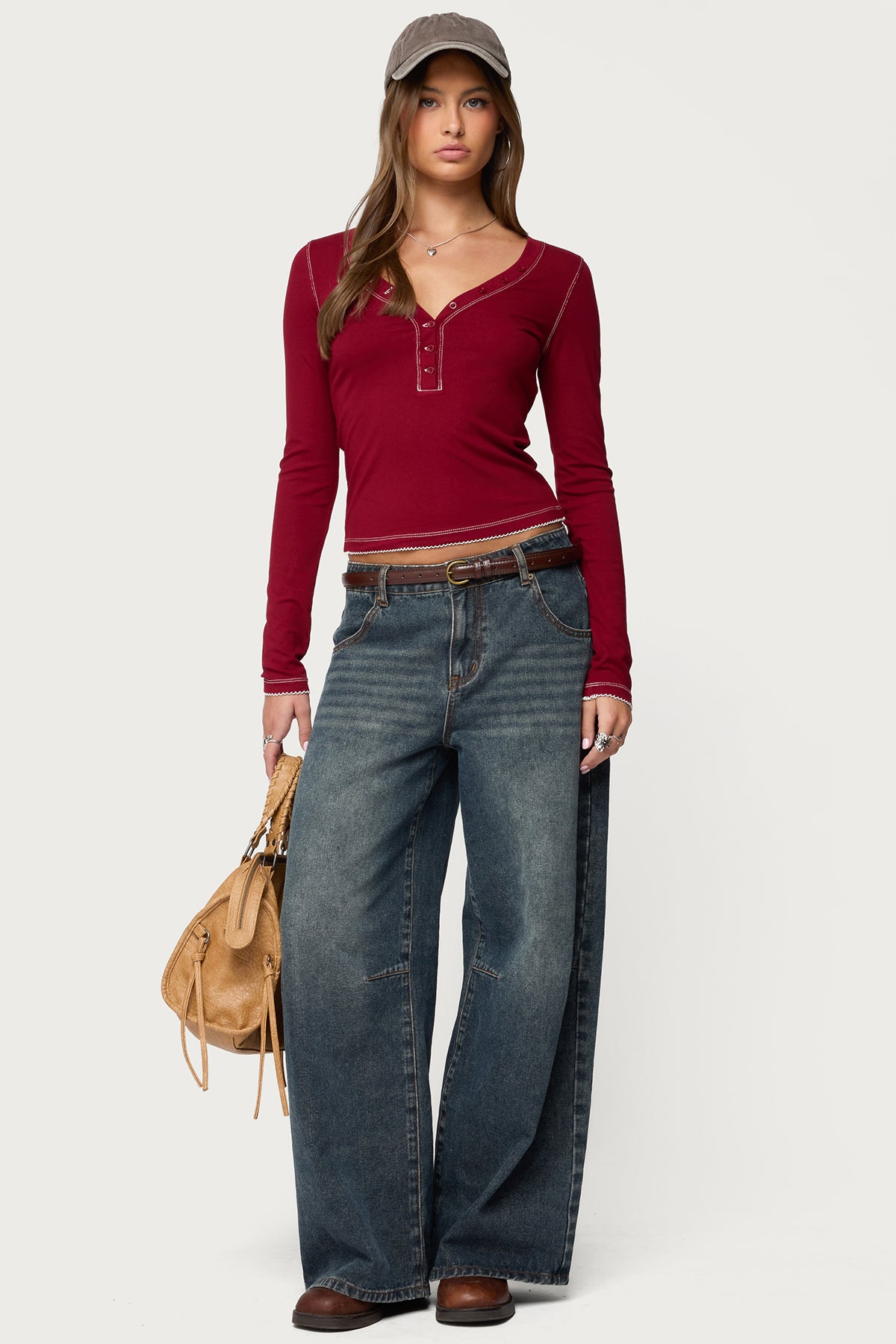 Yael Contrast Stitch Henley Top - BURGUNDY