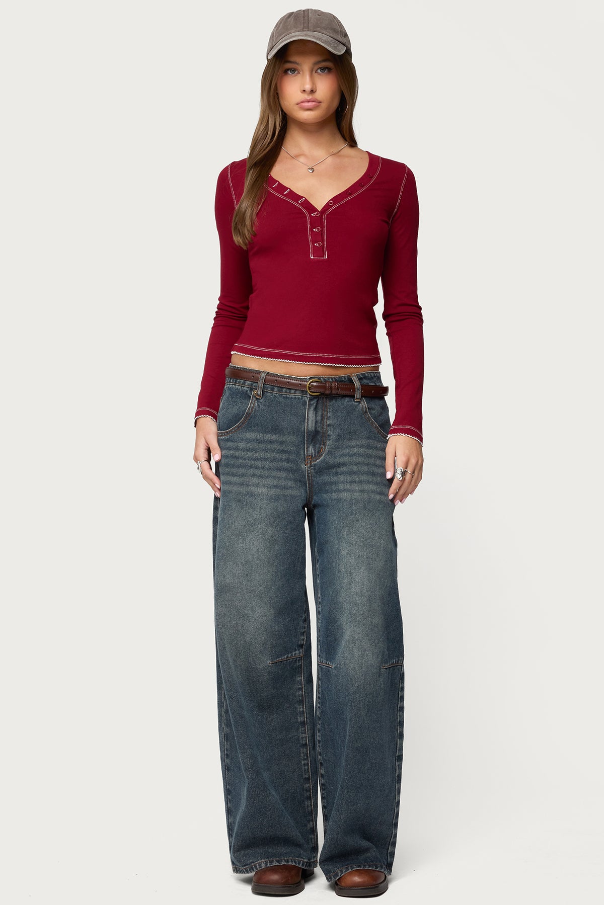 Yael Contrast Stitch Henley Top - BURGUNDY