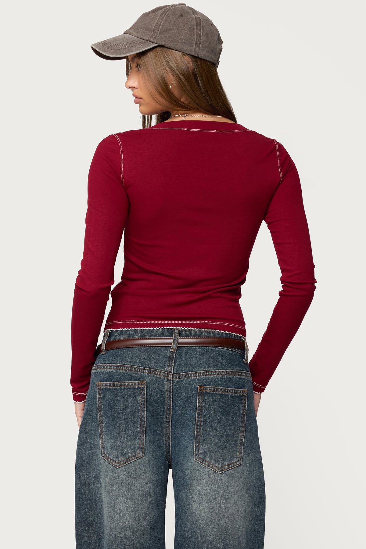 Yael Contrast Stitch Henley Top - BURGUNDY