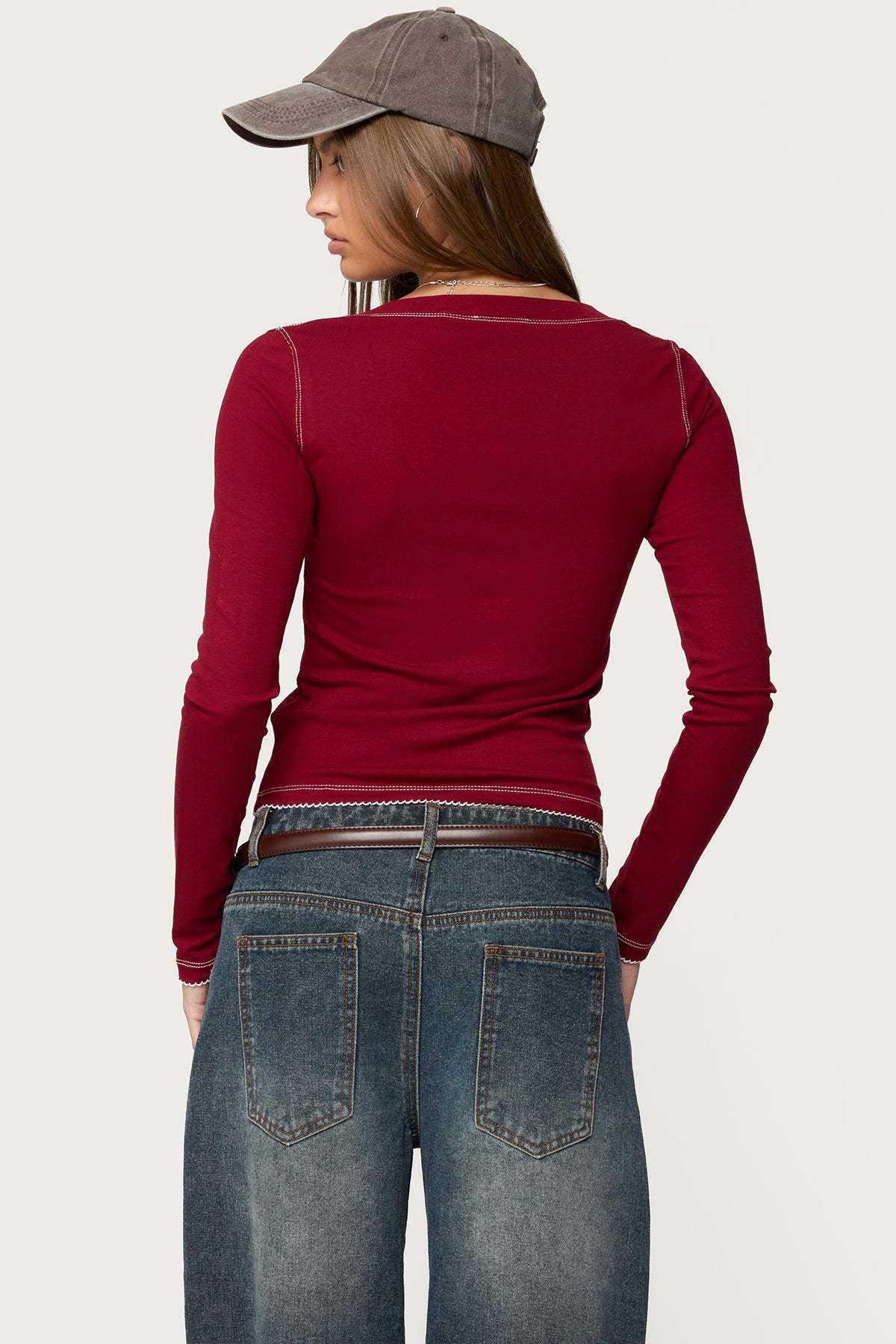 Yael Contrast Stitch Henley Top - BURGUNDY