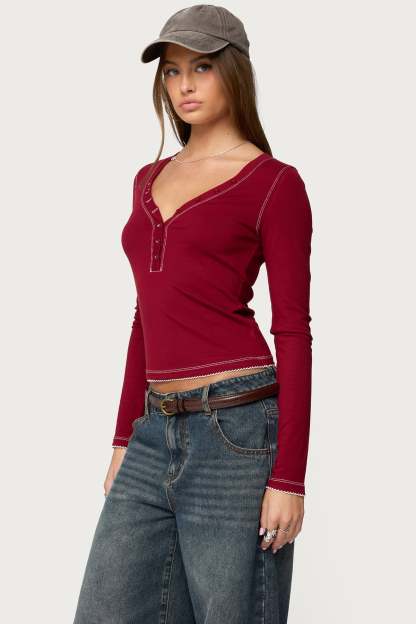 Yael Contrast Stitch Henley Top - BURGUNDY