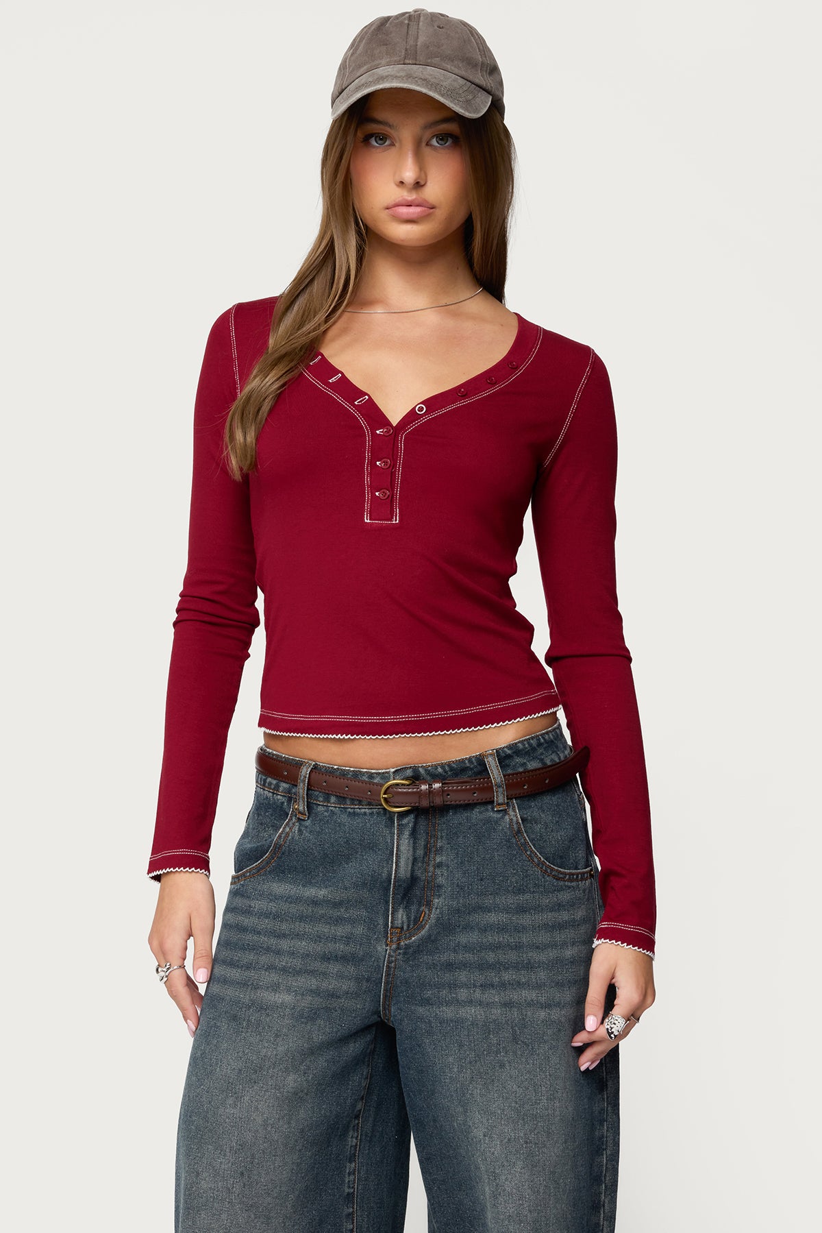 Yael Contrast Stitch Henley Top - BURGUNDY