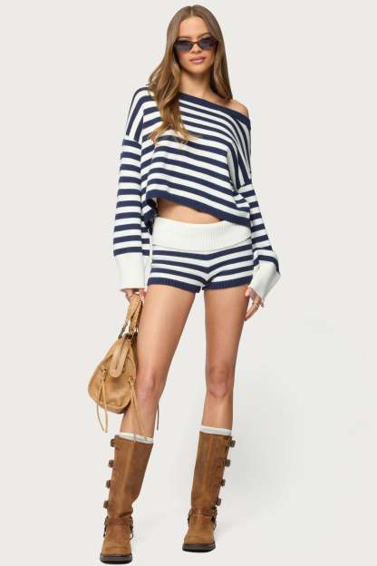 Saphi Striped Oversized Knit Sweater - NAVY-AND-WHITE