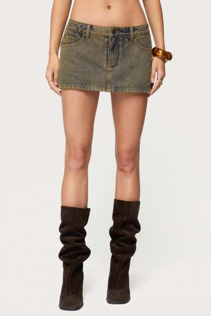 Camelia Denim Mini Skort - BROWN-WASHED