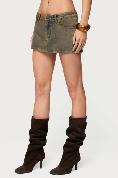 Camelia Denim Mini Skort - BROWN-WASHED