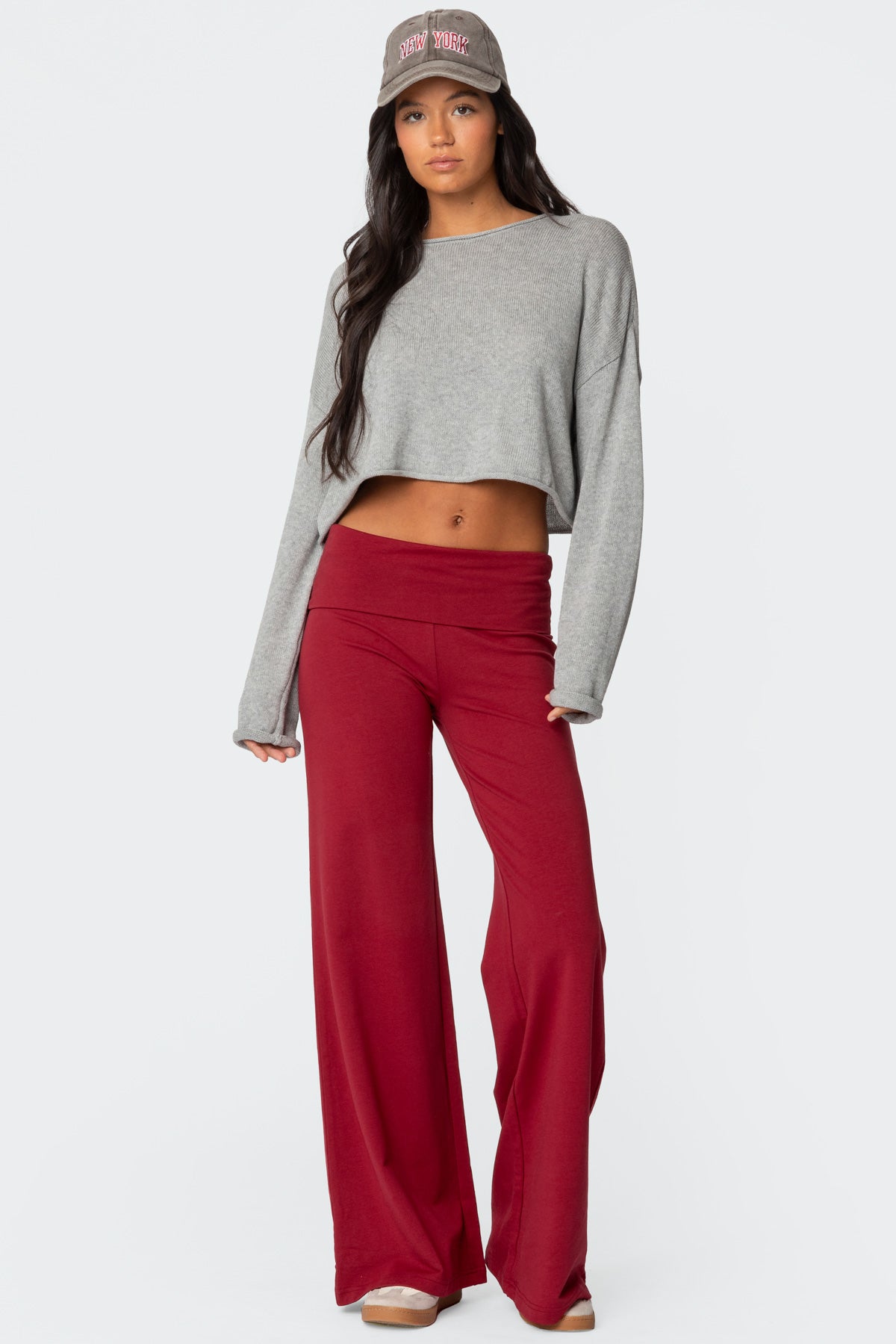 Wide Leg Foldover Pants - BURGUNDY