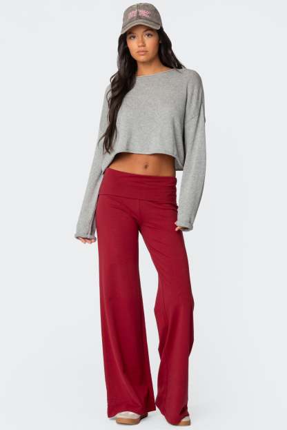 Wide Leg Foldover Pants - BURGUNDY