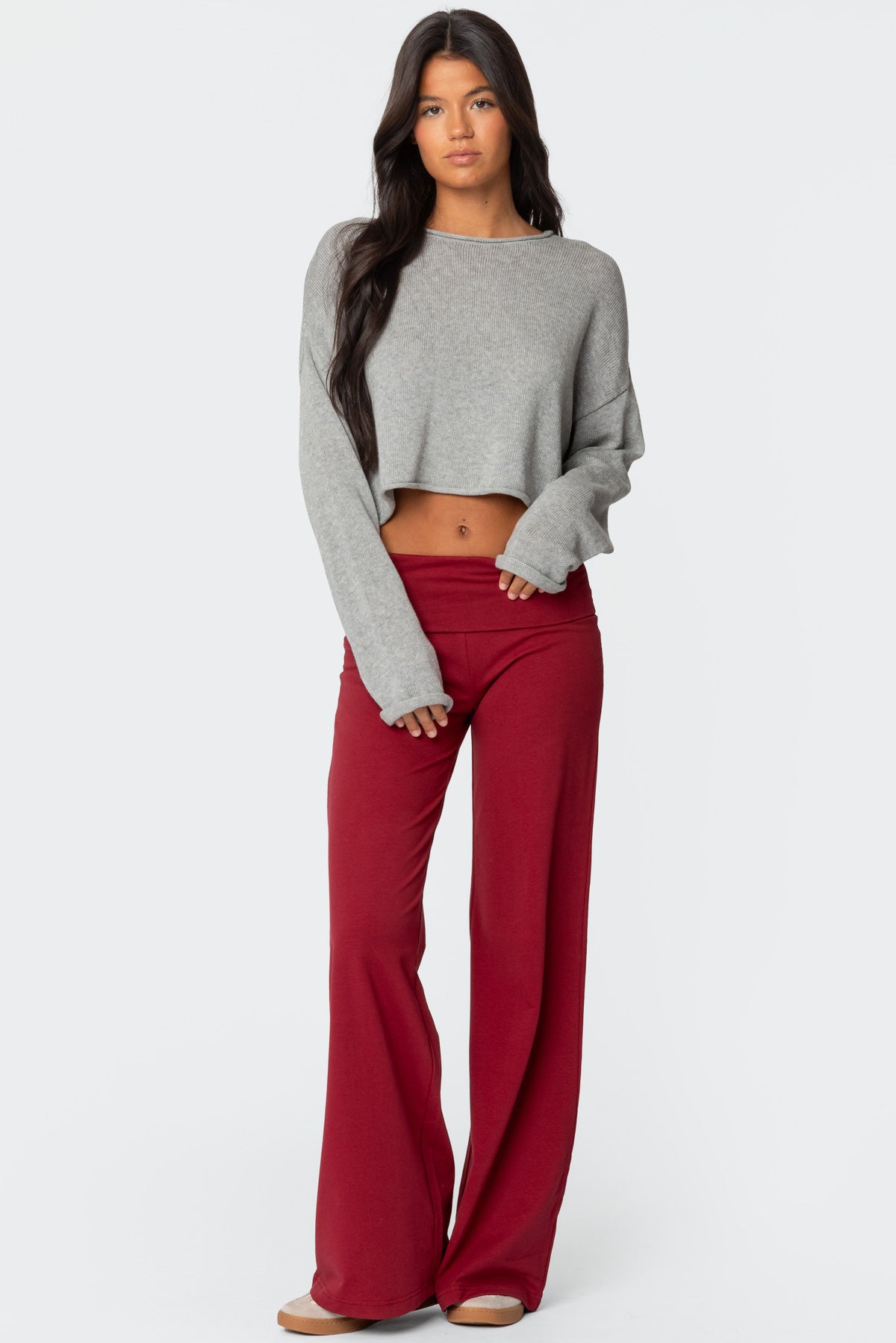 Wide Leg Foldover Pants - BURGUNDY