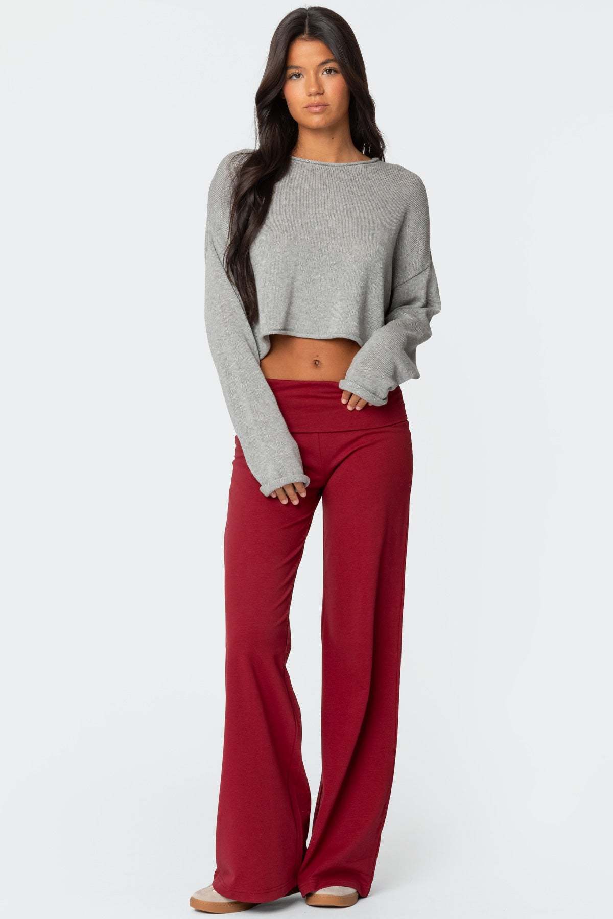 Wide Leg Foldover Pants - BURGUNDY