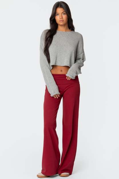 Wide Leg Foldover Pants - BURGUNDY