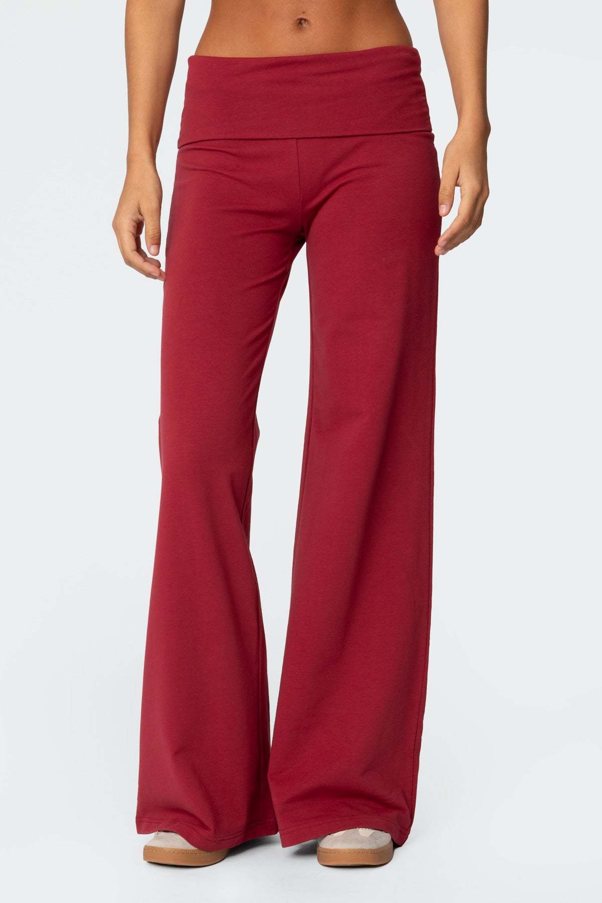 Wide Leg Foldover Pants - BURGUNDY