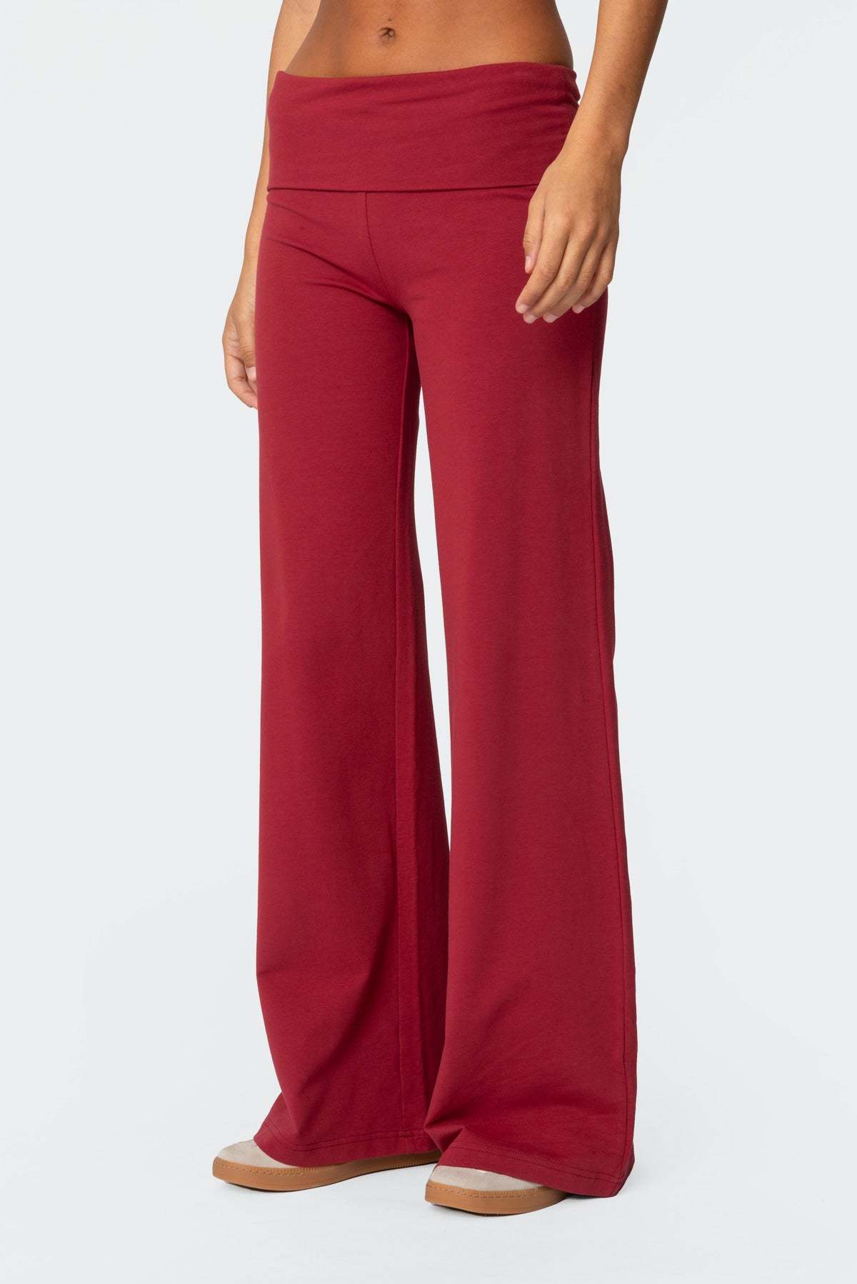 Wide Leg Foldover Pants - BURGUNDY