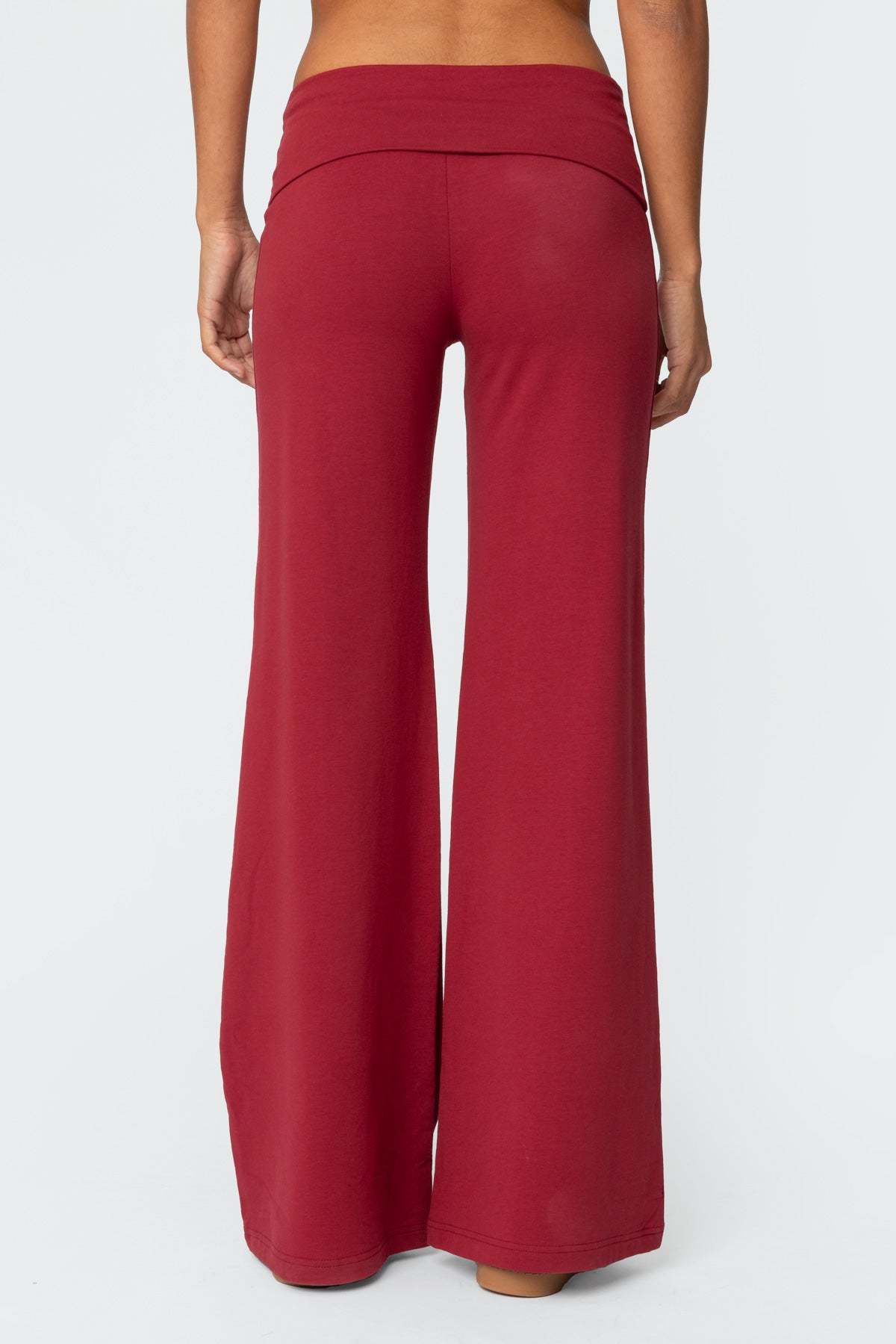 Wide Leg Foldover Pants - BURGUNDY