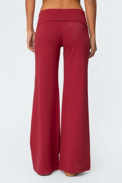 Wide Leg Foldover Pants - BURGUNDY