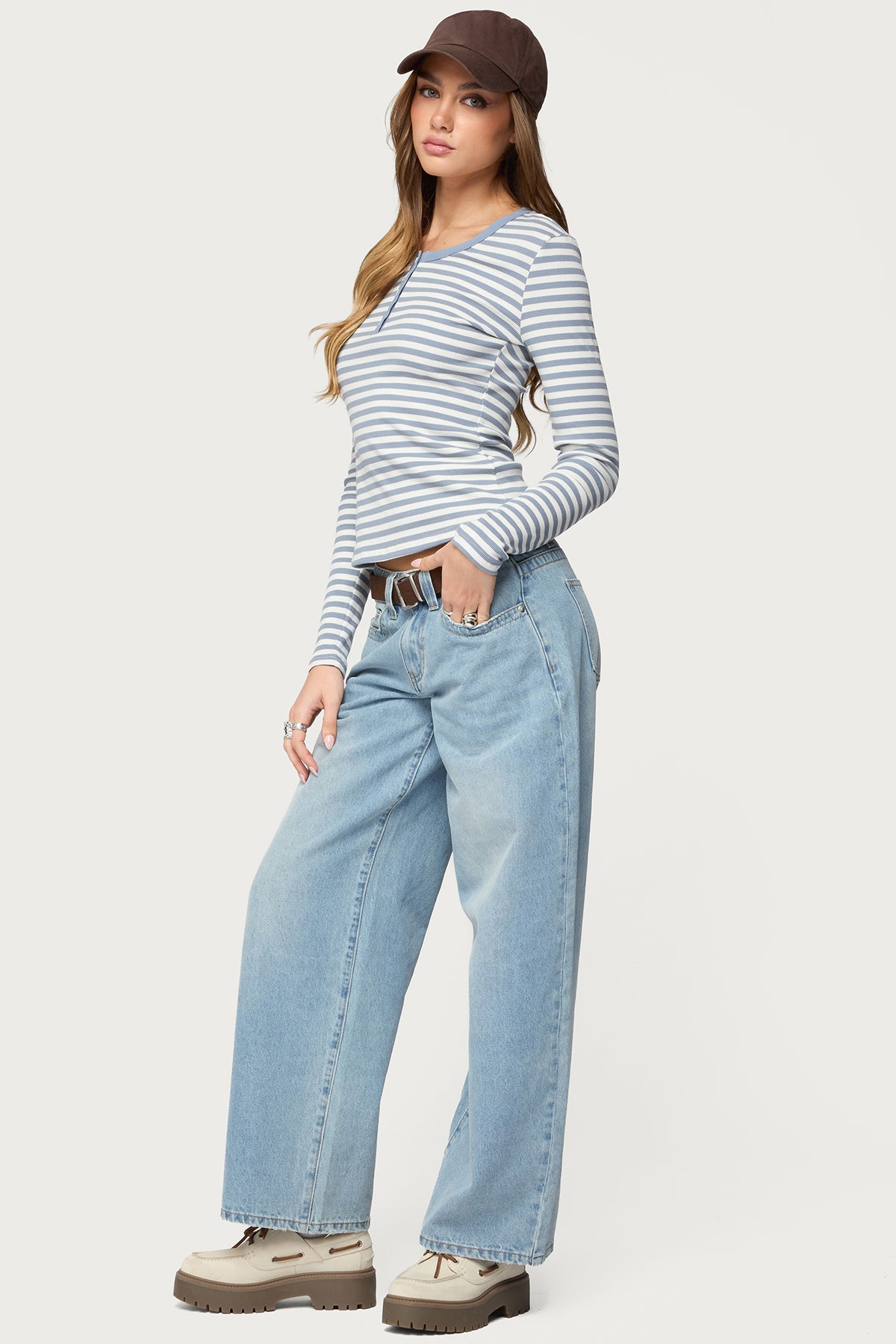 Roma Striped Henley Top - BLUE
