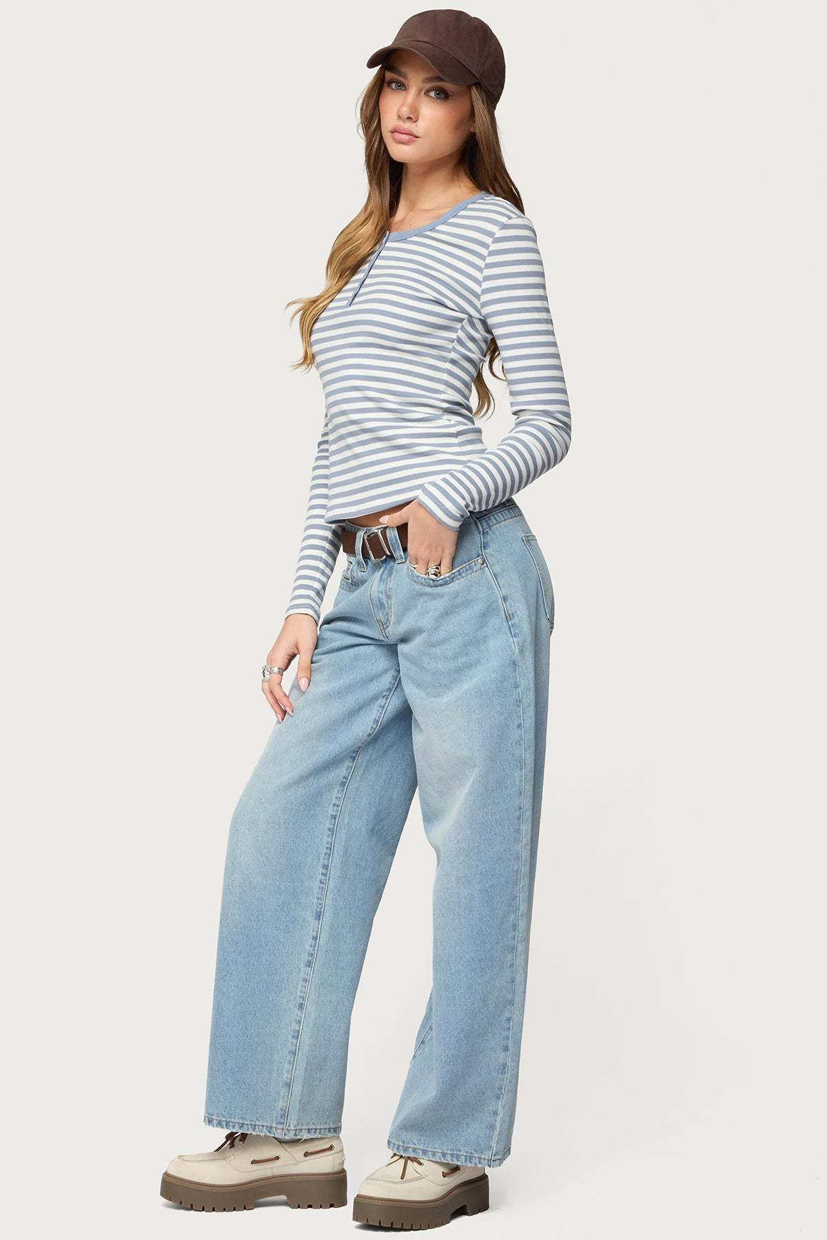 Roma Striped Henley Top - BLUE