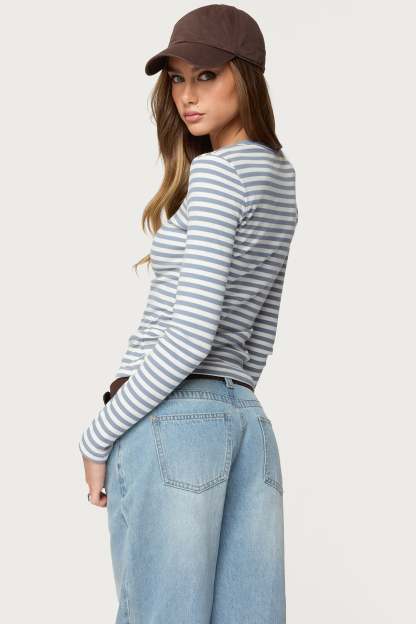 Roma Striped Henley Top - BLUE