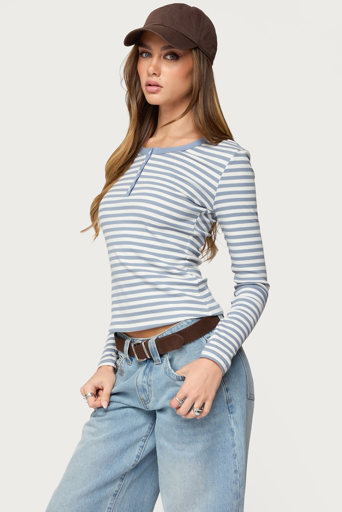 Roma Striped Henley Top - BLUE