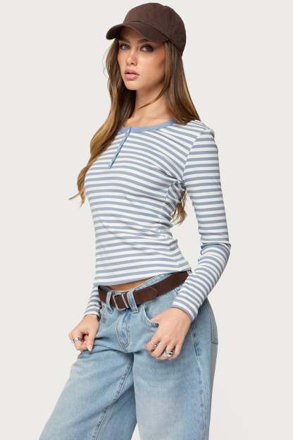 Roma Striped Henley Top - BLUE