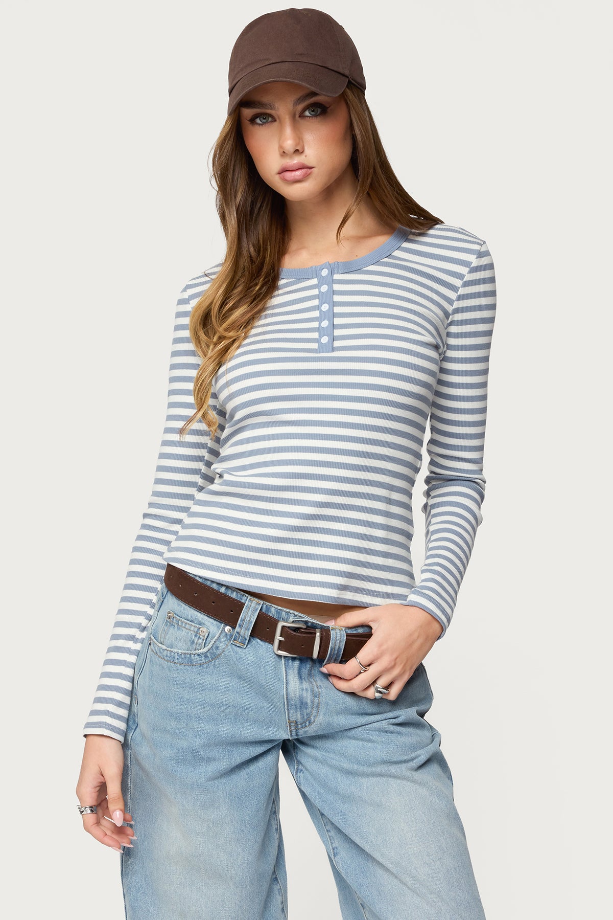 Roma Striped Henley Top - BLUE
