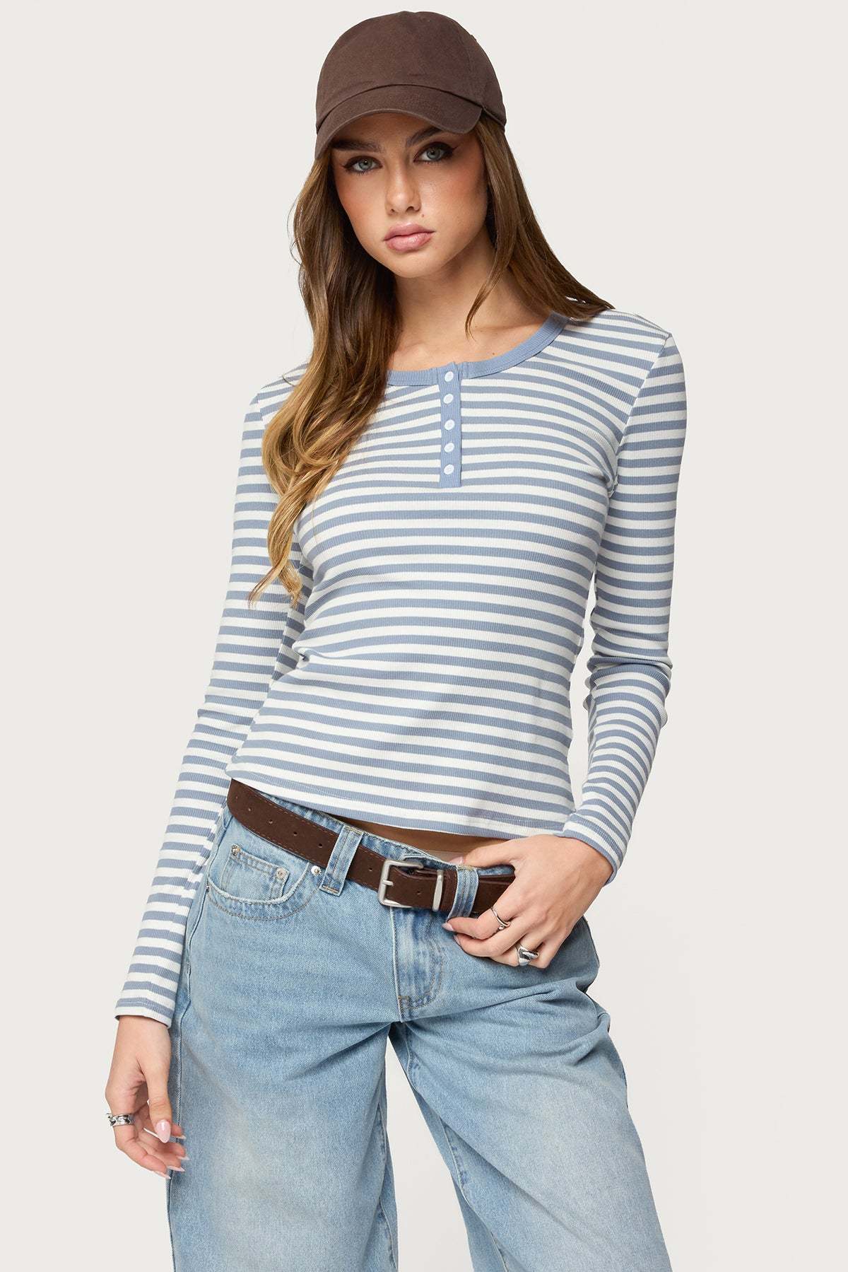 Roma Striped Henley Top - BLUE