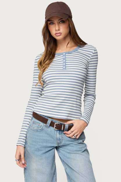 Roma Striped Henley Top - BLUE