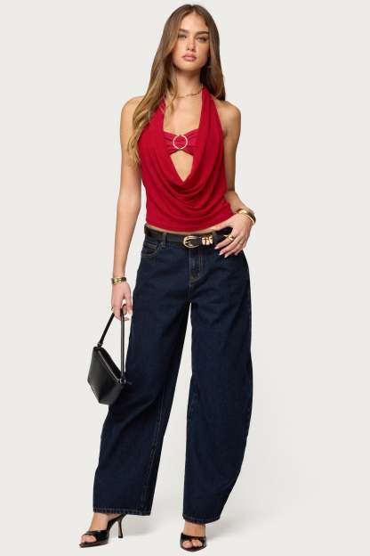 Issey Layered Bandeau Cowl Neck Top - BURGUNDY